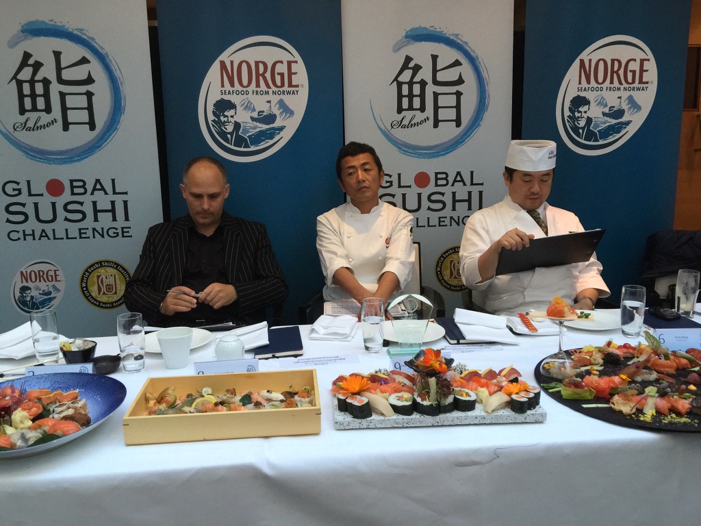 Judges and sushi displays at the Global Sushi Challenge